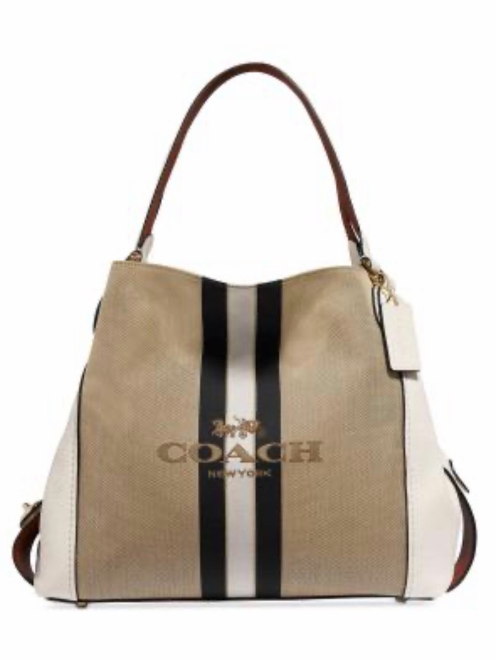 Coach Beige Canvas Stripe Shoulder Bag with Black & White Accents